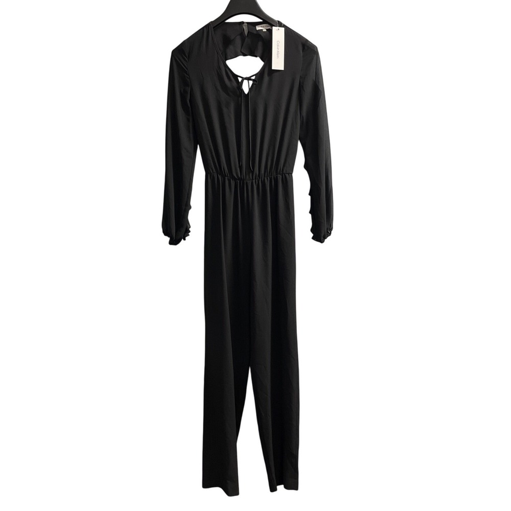 Calvin Klein Jumpsuit XS Black Crepe Sheer Mesh Ruffle Arms Open Back Event